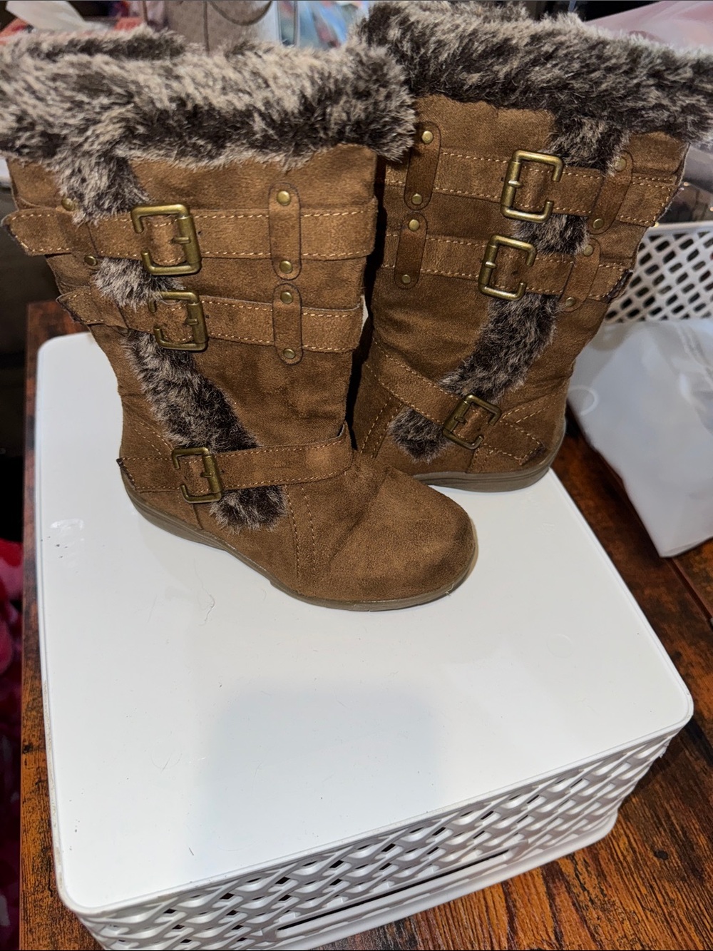 Faux Fur Trim Brown Suede Mid-Calf Boots